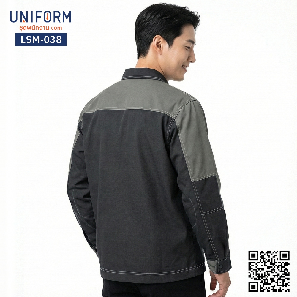 LSM-038 เสื้อช็อปช่างแขนยาว ทูโทน สีเทาดำ