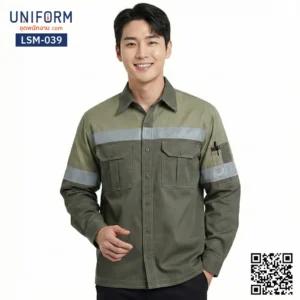 LSM-039 เสื้อช็อปช่างแขนยาว สีเขียวทูโทนติดแถบสะท้อนแสง