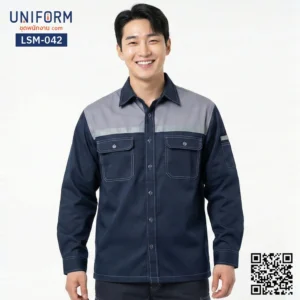 LSM-042 เสื้อช็อปช่างแขนยาว ทูโทน กรมท่าและเทา
