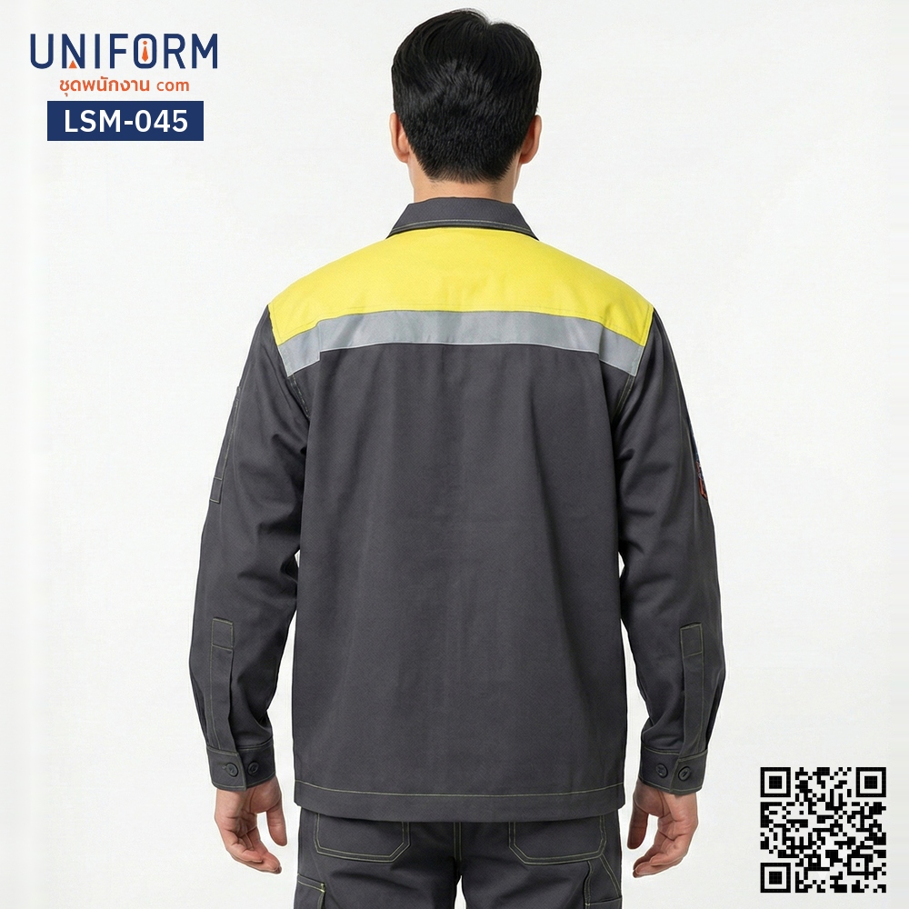 LSM-045 เสื้อช็อปช่างแขนยาว ทูโทน เทาเหลือง มืออาชีพ