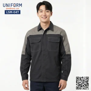 LSM-047 เสื้อช็อปช่างแขนยาว ทูโทน สีดำเทา ดีไซน์เท่