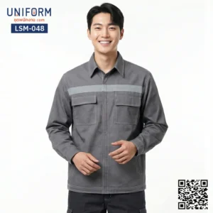 LSM-048 เสื้อช็อปช่างแขนยาว สีเทาเข้ม ดีไซน์กระเป๋าคู่หน้า