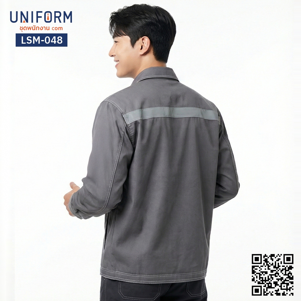 LSM-048 เสื้อช็อปช่างแขนยาว สีเทาเข้ม ดีไซน์กระเป๋าคู่หน้า