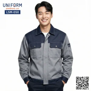 LSM-050 เสื้อช็อปช่างแขนยาว ทูโทน สีเทากรมท่า