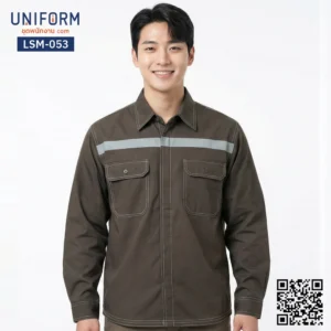 LSM-053 เสื้อช็อปช่างแขนยาว สีน้ำตาลเข้มแต่งแถบสะท้อนแสง