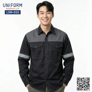 LSM-055 เสื้อช็อปช่างแขนยาว สีดำเทาทูโทน ยูนิฟอร์มบริษัท