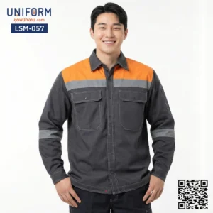 LSM-057 เสื้อช็อปช่างแขนยาว ทูโทน สีเทาส้ม สวมใส่ทำงานคล่องตัว