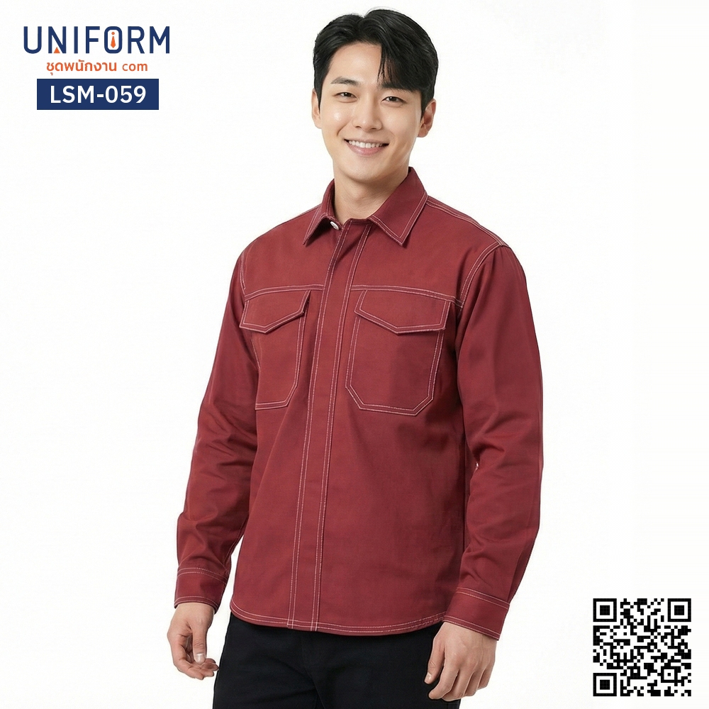 LSM-059 เสื้อช็อปช่างแขนยาว สีแดงเข้มเดินด้ายขาว