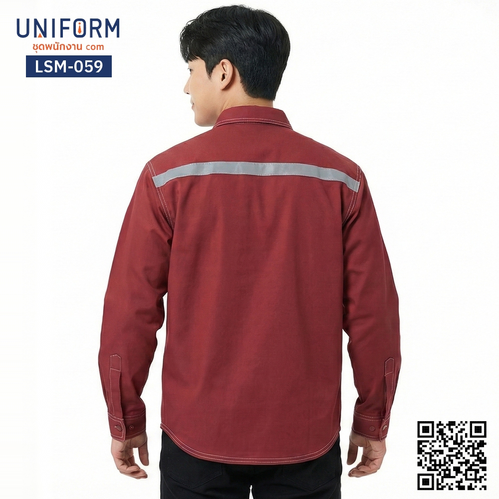 LSM-059 เสื้อช็อปช่างแขนยาว สีแดงเข้มเดินด้ายขาว