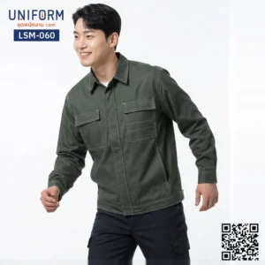 LSM-060 เสื้อช็อปช่างแขนยาว สีเขียวเข้ม เดินตะเข็บคู่