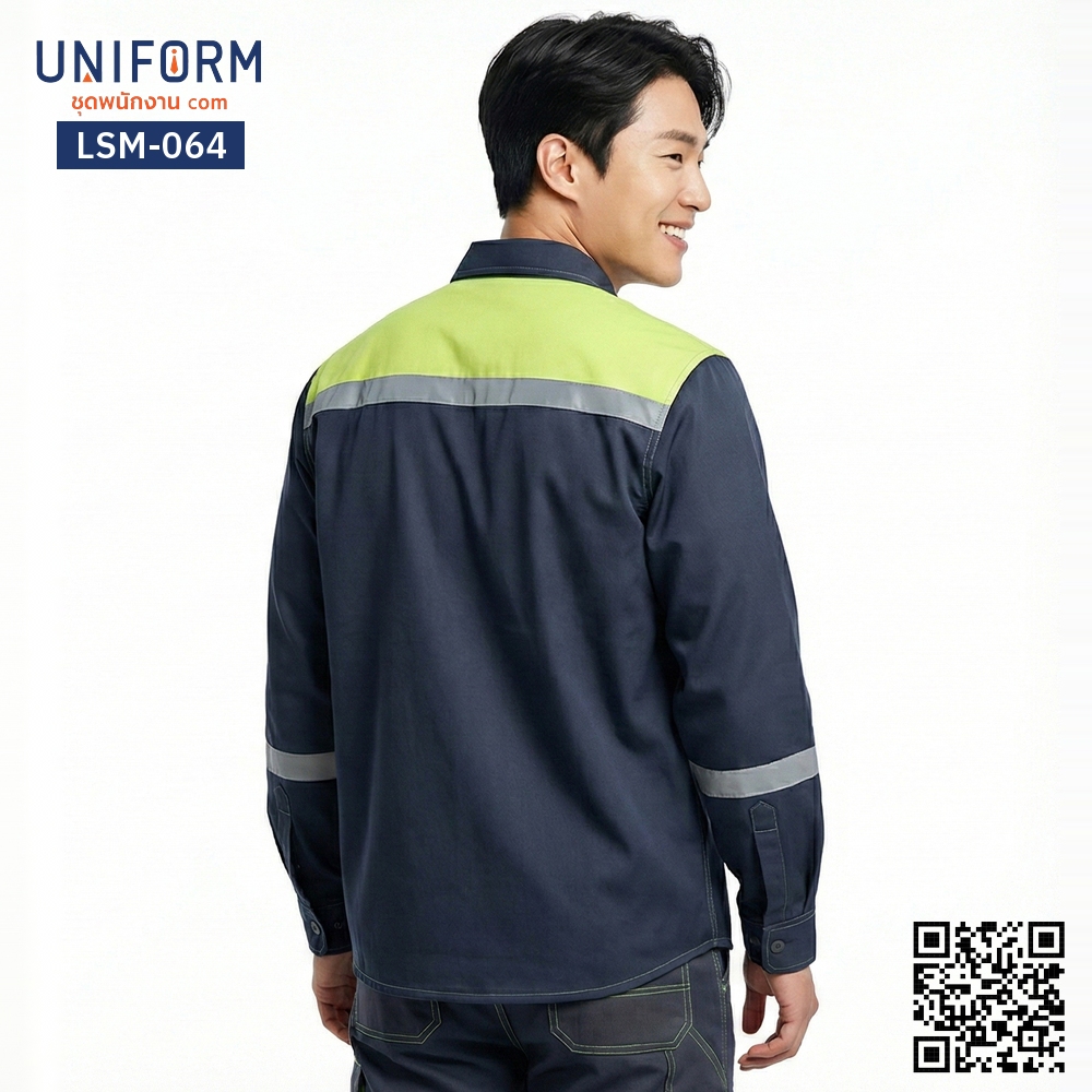 LSM-064 Long-Sleeve Technician Shirt, Navy Blue with High-Vis Green, Two-Tone Design