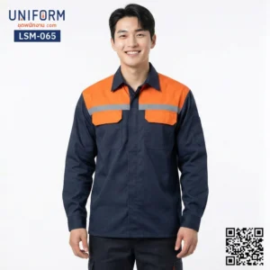 LSM-065 เสื้อช็อปช่างแขนยาว ทูโทน กรมท่า-ส้ม ปักโลโก้ยูนิฟอร์มบริษัท