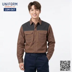 LSM-067 เสื้อช็อปช่างแขนยาว สีน้ำตาลสลับดำ ทูโทน