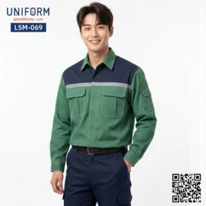 LSM-069 เสื้อช็อปช่างแขนยาว ทูโทนสีเขียวสีกรมท่า ดีไซน์มืออาชีพ