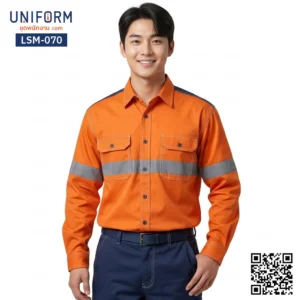 LSM-070 เสื้อช็อปช่างแขนยาว สีส้มสลับกรมท่าแต่งแถบสะท้อนแสง