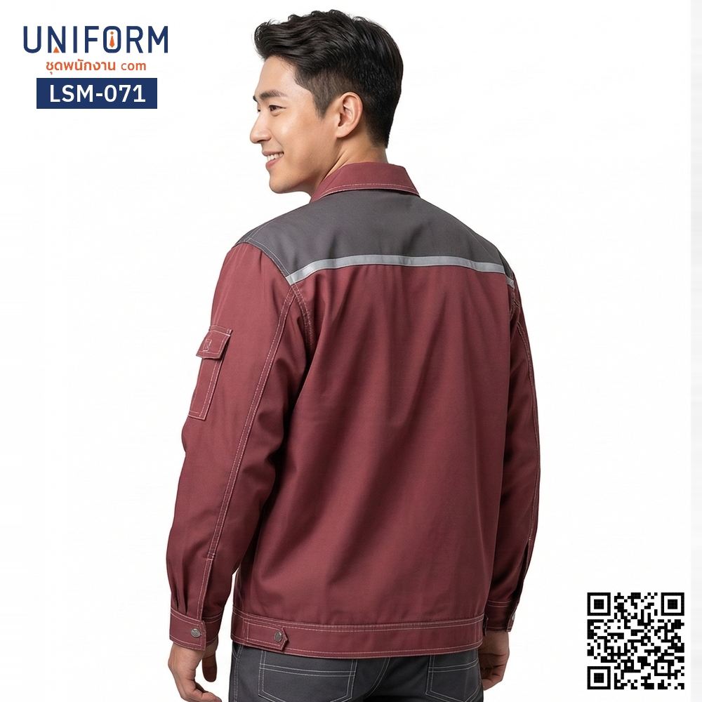 LSM-071 เสื้อช็อปช่างแขนยาว สีแดงเข้มสลับเทา ดีไซน์ทูโทน