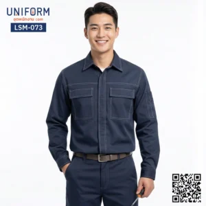 LSM-073 เสื้อช็อปช่างแขนยาว สีน้ำเงินเข้มเดินด้ายขาวทรงมาตรฐาน