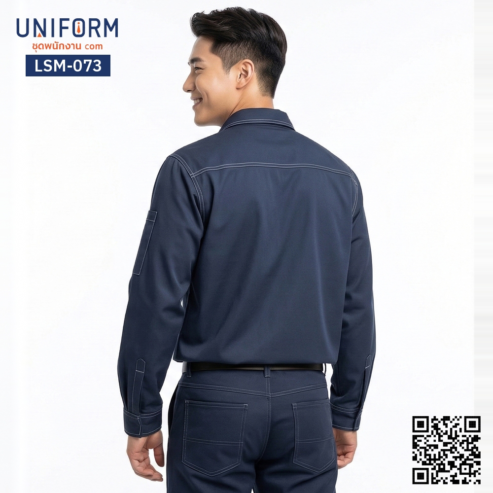 LSM-073 Long-sleeve technician work shirt in dark blue with white contrast stitching, standard fit