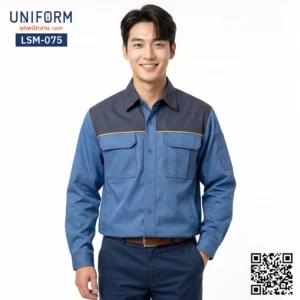 LSM-075 เสื้อช็อปช่างแขนยาว ทูโทน สีฟ้ากรมท่า ดีไซน์ลุยงาน