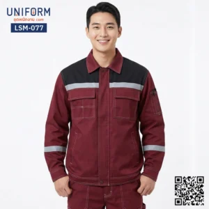 LSM-077 เสื้อช็อปช่างแขนยาว ทูโทนสีแดงเลือดหมูตัดดำ ดีไซน์เท่