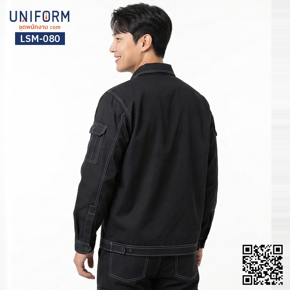LSM-080 เสื้อช็อปช่างแขนยาว สีดำเดินด้ายขาว ยู⁠นิ⁠ฟ⁠อ⁠ร์⁠มบริษัท