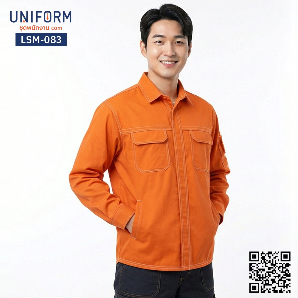 LSM-083 Long-Sleeve Technician Shirt in Orange with White Contrast Stitching