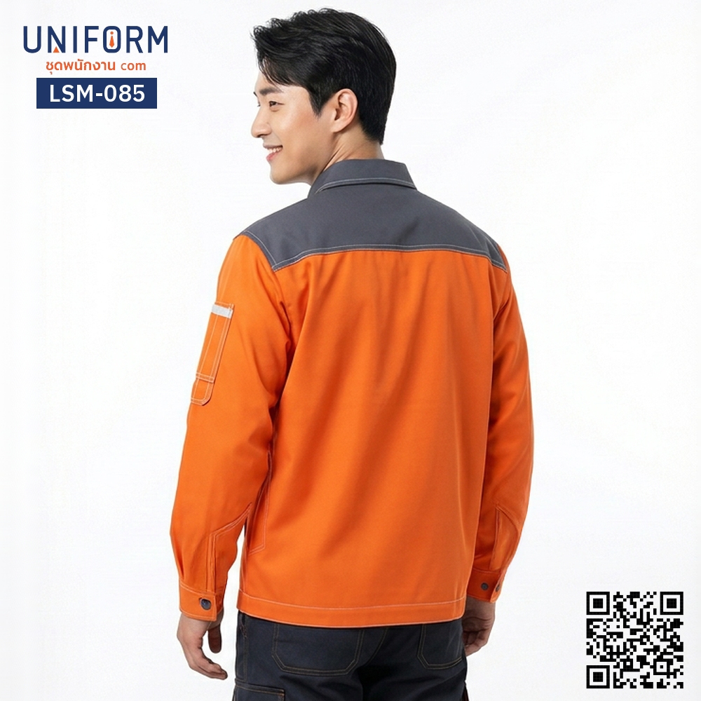 LSM-085 เสื้อช็อปช่างแขนยาว สีส้มเทาทูโทน