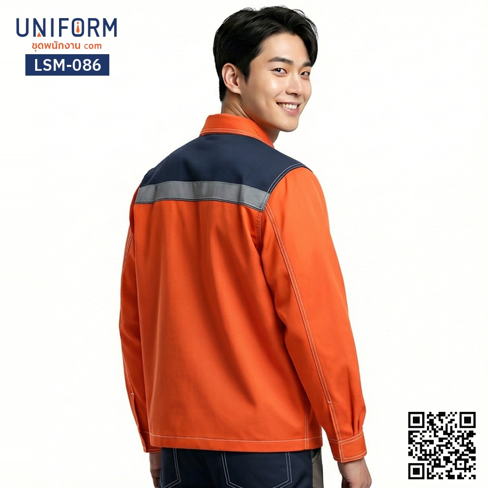 LSM-086 เสื้อช็อปช่างแขนยาว สีส้มแถบสะท้อนแสงสำหรับยู⁠นิ⁠ฟ⁠อ⁠ร์⁠มบริษัท