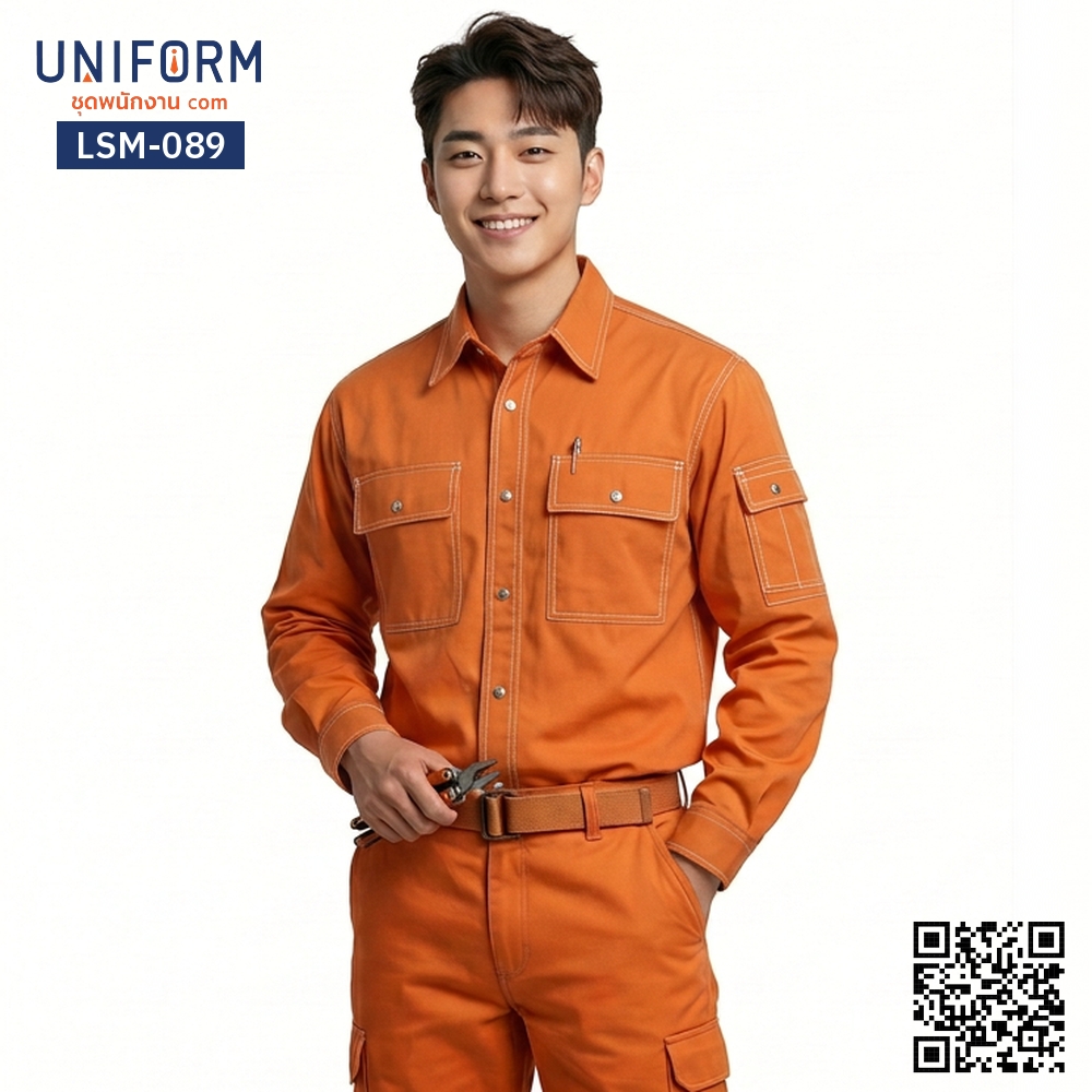 LSM-089 Long-Sleeve Technician Work Shirt in Orange with White Stitching