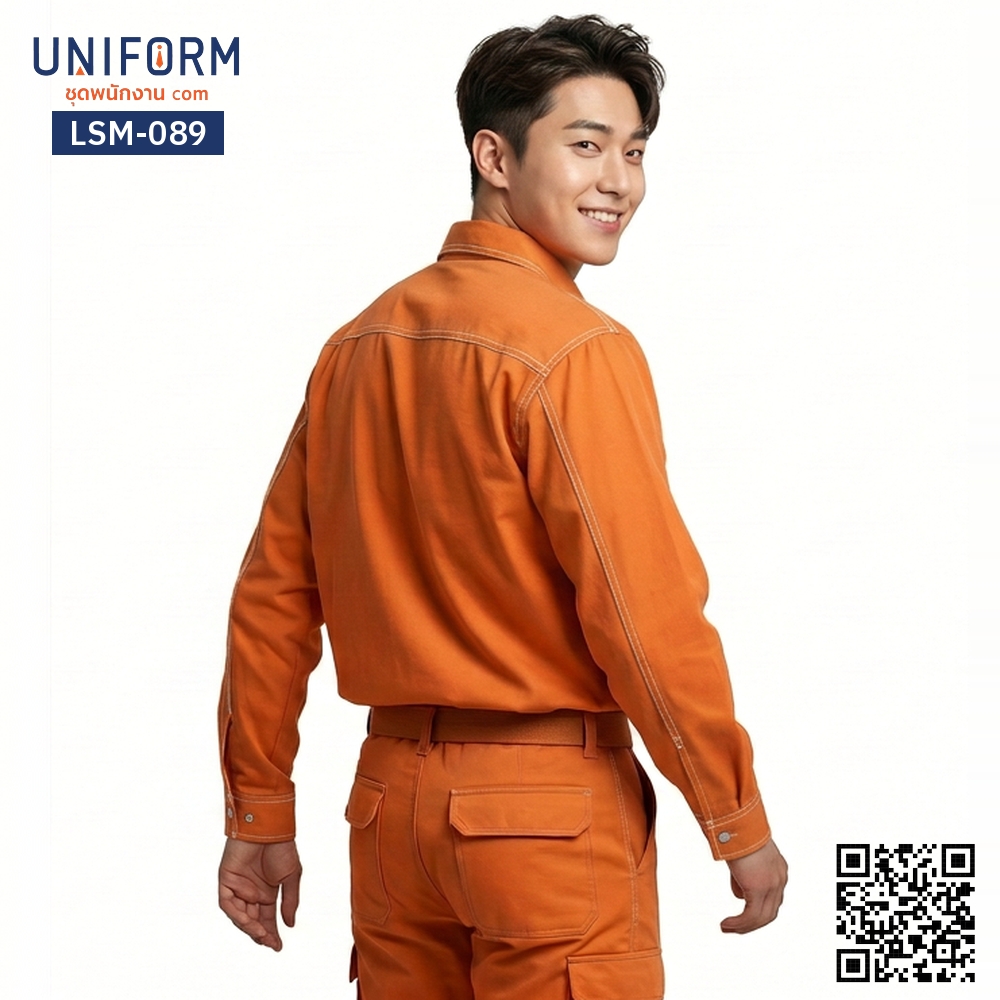 LSM-089 Long-Sleeve Technician Work Shirt in Orange with White Stitching