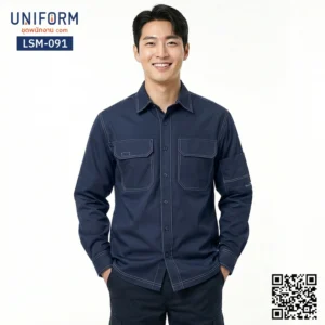 LSM-091 เสื้อช็อปช่างแขนยาว สีน้ำเงินเข้มเดินด้ายขาว
