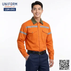 LSM-095 เสื้อช็อปช่างแขนยาว สีส้มปกเขียวติดแถบสะท้อนแสง