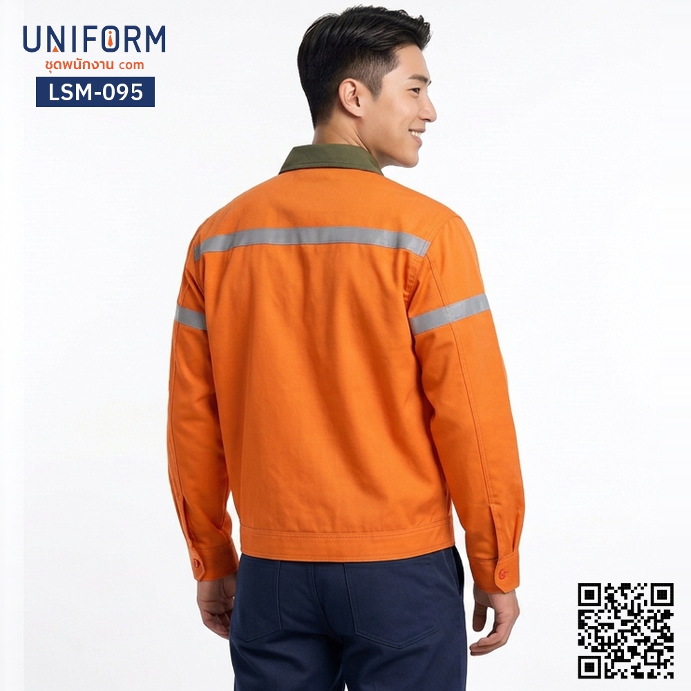 LSM-095 Long-sleeve Technician Work Jacket, Orange with Green Collar and Reflective Strips
