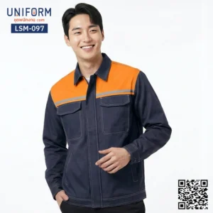 LSM-097 เสื้อช็อปช่างแขนยาว สีกรมท่าต่อส้ม ทรงสวย
