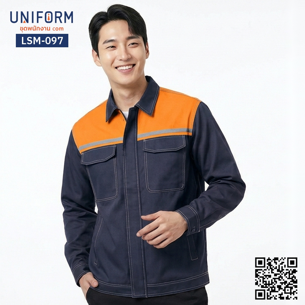 LSM-097 Long-Sleeve Technician Work Shirt, Navy Blue with Orange Contrast, Tailored Fit