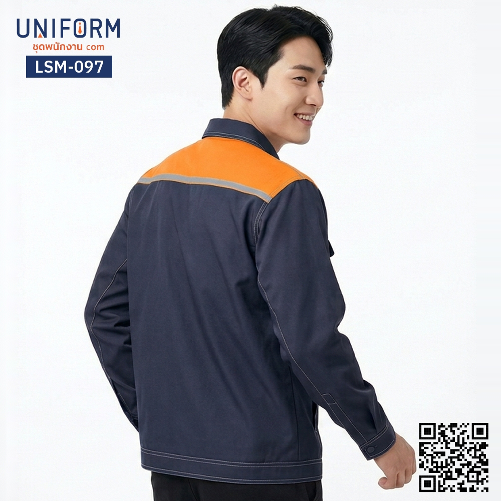 LSM-097 Long-Sleeve Technician Work Shirt, Navy Blue with Orange Contrast, Tailored Fit
