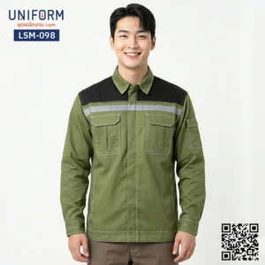 LSM-098 เสื้อช็อปช่างแขนยาว สีเขียวทูโทนดำ ดีไซน์ล้ำสมัย