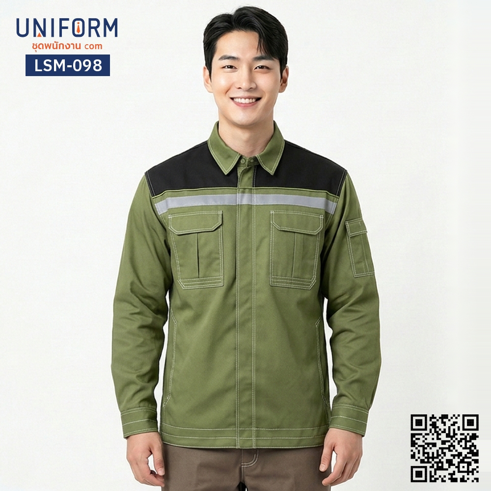 LSM-098 เสื้อช็อปช่างแขนยาว สีเขียวทูโทนดำ ดีไซน์ล้ำสมัย
