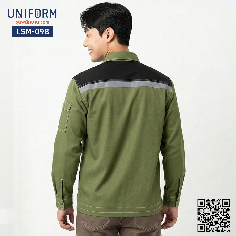 LSM-098 เสื้อช็อปช่างแขนยาว สีเขียวทูโทนดำ ดีไซน์ล้ำสมัย