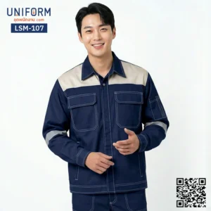LSM-107 เสื้อช็อปช่างแขนยาว ทูโทน สีน้ำเงินสลับครีม ดีไซน์เท่