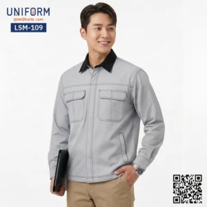 LSM-109 เสื้อช็อปช่างแขนยาว ทูโทนสีเทาดำ ปกเชิ้ต