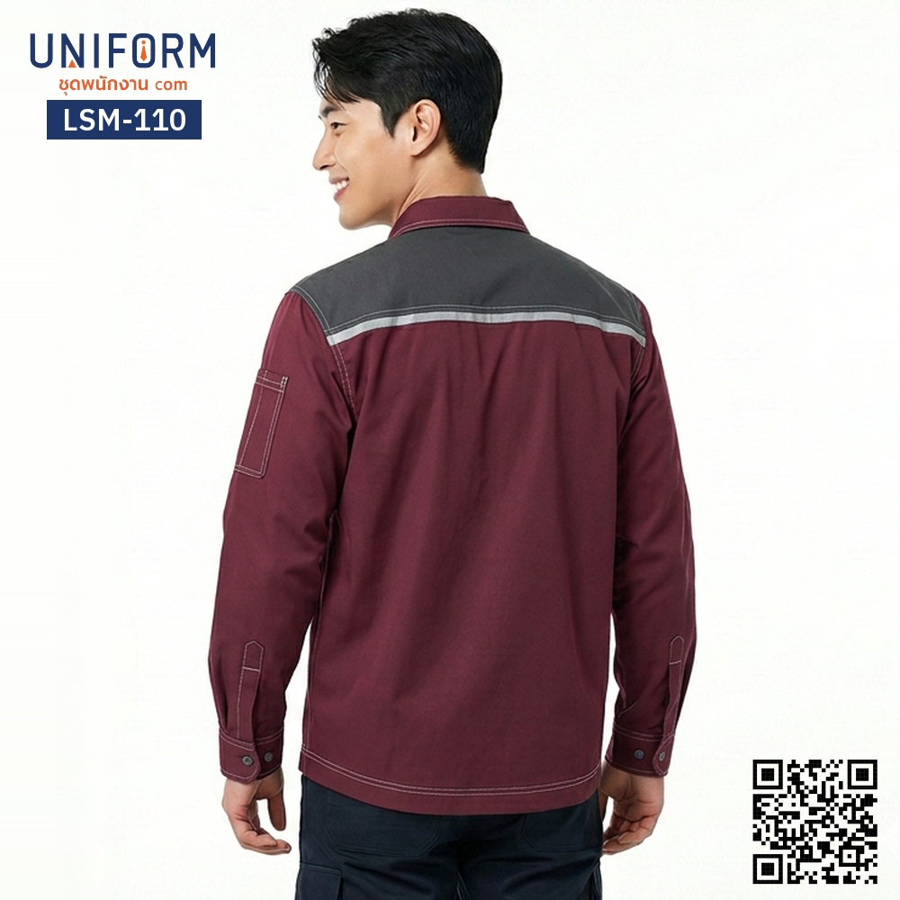 LSM-110 Long-Sleeve Mechanic Shirt, Dark Red Two-Tone with Grey