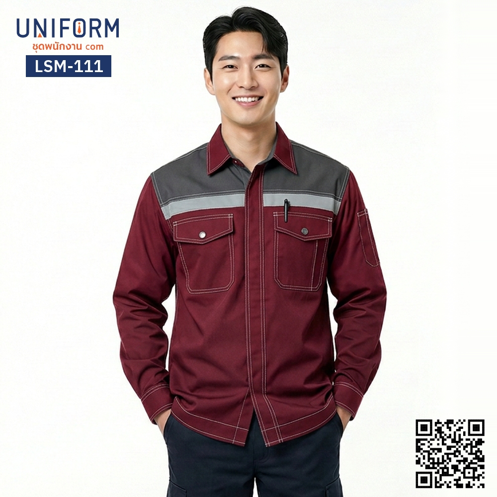LSM-111 Professional Long-Sleeve Technician Shirt, Dark Red & Grey