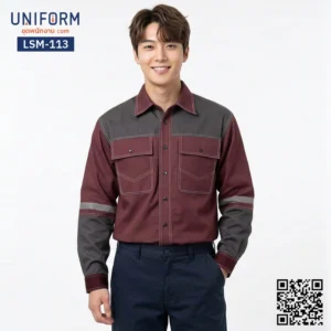 LSM-113 เสื้อช็อปช่างแขนยาว สีแดงเข้มเทาทูโทน