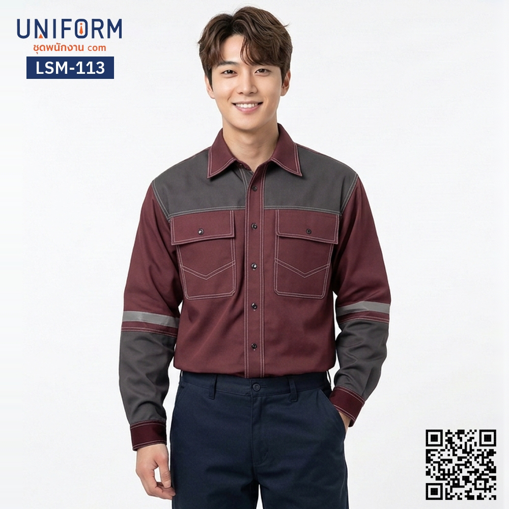 LSM-113 Long-Sleeve Technician Shirt, Dark Red and Gray Two-Tone