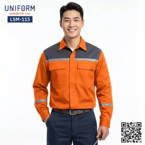 LSM-115 เสื้อช็อปช่างแขนยาว ทูโทน สีส้มเทา สไตล์ยูนิฟอร์มบริษัท