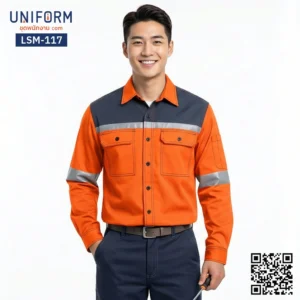 LSM-117 เสื้อช็อปช่างแขนยาว ทูโทน สีส้มกรมท่า