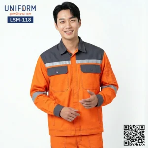 LSM-118 เสื้อช็อปช่างแขนยาว สีส้มเทาทูโทน แถบสะท้อนแสง