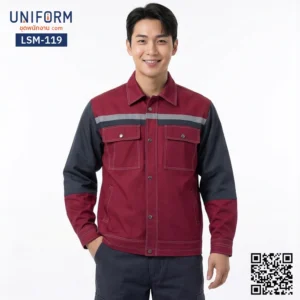LSM-119 เสื้อช็อปช่างแขนยาว ทูโทน สีแดงและเทาเข้ม