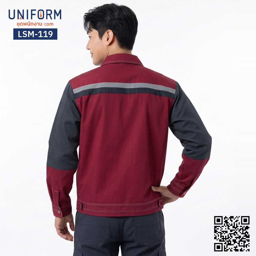 LSM-119 เสื้อช็อปช่างแขนยาว ทูโทน สีแดงและเทาเข้ม